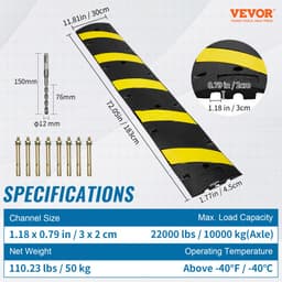 2 db gumi fekvőrendőr 183 x 30 x 4,5 cm, 2 csatornás, 100000 kg teherbírású, nagy teherbírású forgalmi fekvőrendőr, fényvisszaverő sárga csíkkal, 8 tágulási csavarral és 1 fúróval, aszfaltbeton és murvás utakra - miniatúra 11