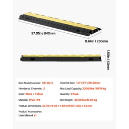Kábelvédő rámpa, 9979 kg/tengely teherbírás, 2 csatornás, strapabíró TPU kábeltömlő-burkolat, 31 x 28 mm-es csatorna, fekvőrendőr felpattintható felső fedéllel, beltéri és kültéri használatra, 3 darabos csomag - miniatúra 11