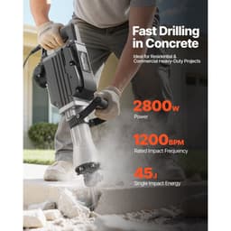 Bontókalapács, 2800 W-os elektromos légkalapács, 1200 ütés/perc betontörő 3 vésővel, agyag ásóval, hordtáskával, kesztyűkkel, betonhoz, falhoz, téglához, csempéhez és alapozáshoz - miniatúra 6