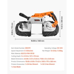 Hordozható szalagfűrész, 127 mm x 115 mm vágási mélység, 360 W-os szalagfűrész szénkefe nélküli motorral, akkus és kompakt hordozható szalagfűrész, akasztóhorgok, 0-120 m/perc változtatható sebesség fém, fa vágásához (csak csupasz szerszámmal) - miniatúra 11