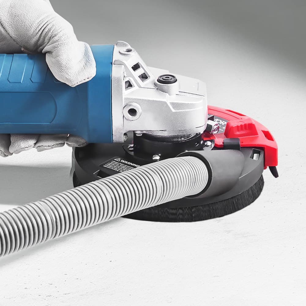 Csiszolóporvédő sarokcsiszolóhoz, univerzális 4-5 hüvelykes, felületcsiszoló porvédő 6 szorító alátéttel, porszívóhoz csatlakoztatható, fa, beton, fal, kő csiszolására alkalmas