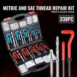 Helicoil menetjavító készlet, 338 darabos SAE és metrikus újramenetező szerszámkészlet, M5, M6, M8, M10, M12, 1/4", 5/16", 3/8", 7/16", 1/2", HSS fúrófejek, menetbetétek, menetfúrók, törőfejek, beszerelő szerszámok - miniatúra 7