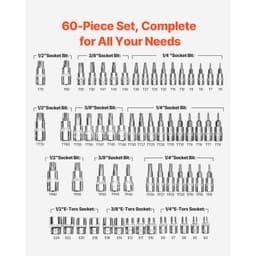 Torx bitfej és külső Torx dugókulcs készlet, 60 darabos T6-T70, TT6-TT70, TP8-TP60, E4-E24, S2 ötvözött acél és Cr-V acél, 1/4 hüvelykes, 3/8 hüvelykes és 1/2 hüvelykes behajtással, továbbfejlesztett tárolótokkal, kézi használatra - miniatúra 7