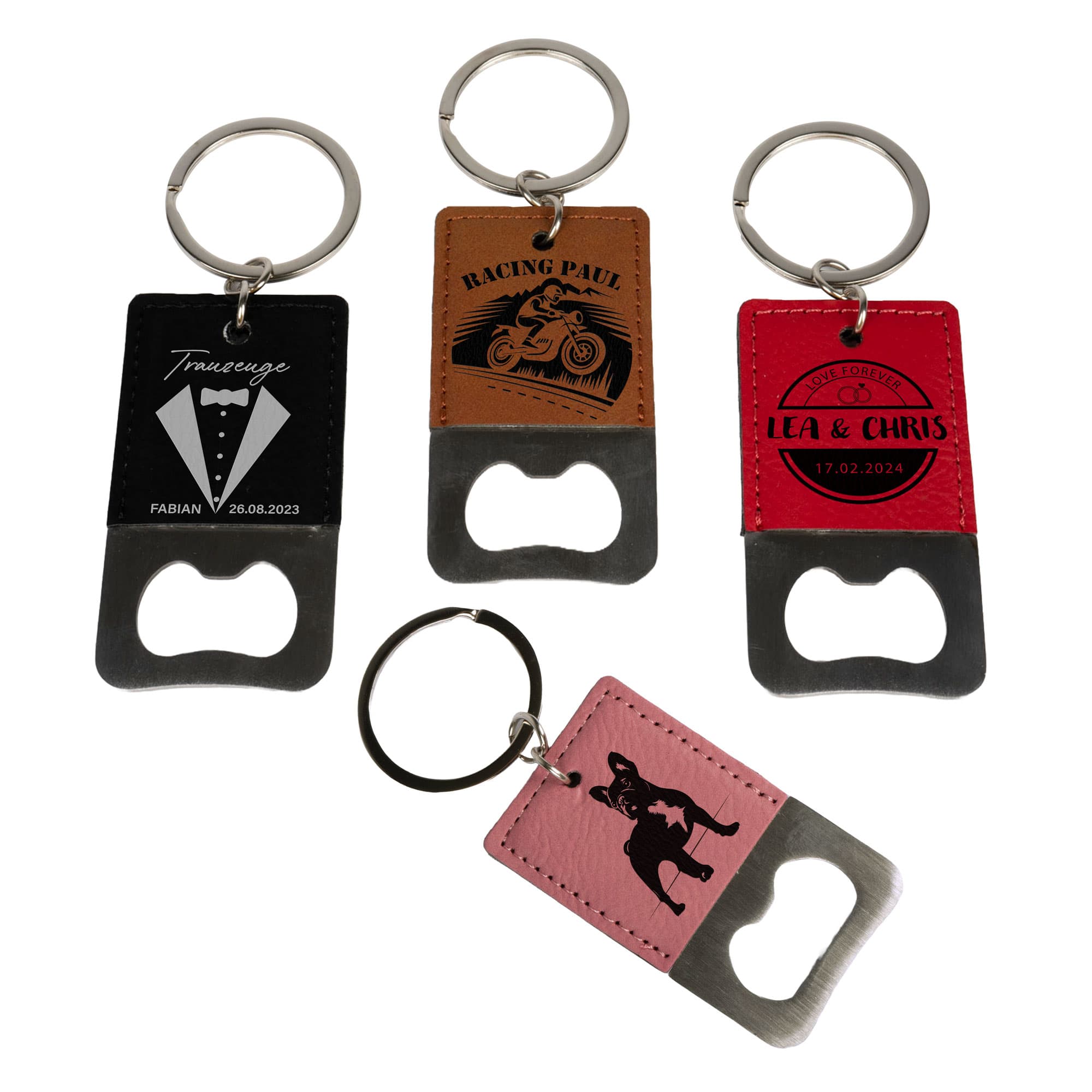 Lézerrel díszített rozsdamentes acél palacknyitó kulcstartó műbőr bevonattal, különböző színekben
