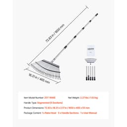 Levélgereblye, 25 fém fog, állítható kerti gereblye gyepre 46,5 cm széles fejjel és 92,5-185 cm hosszú nyéllel, strapabíró rozsdamentes acél kis levelekkel ellátott eszköz kertészkedéshez, kempingezéshez és fűnyíráshoz - miniatúra 11