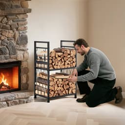 Beltéri tűzifatartó, 45,5 cm-es, kétszintes tűzifatartó kandallószerszámokkal, kefével, lapáttal, vasalóvassal, fogóval, strapabíró rönktartó, 180 kg-os teherbírás, farakás-tároló tűzrakóhelyhez - miniatúra 1