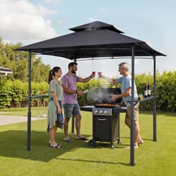 Grillező pavilon, 2,43 x 1,5 m megerősített kültéri BBQ pavilon kétszintes tetővel, porszórt acél terasz grillező 2 oldalsó polccal és 8 kampóval, grillező ponyva teraszra, hátsó udvarba, kertbe - miniatúra 1
