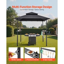 Grillező pavilon, 2,43 x 1,5 m megerősített kültéri BBQ pavilon kétszintes tetővel, porszórt acél terasz grillező 2 oldalsó polccal és 8 kampóval, grillező ponyva teraszra, hátsó udvarba, kertbe - miniatúra 9