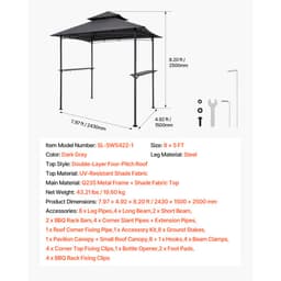 Grillező pavilon, 2,43 x 1,5 m kültéri BBQ pavilon kétszintes tetővel, porszórt acél terasz grillező 2 oldalsó polccal és 8 kampóval, grillező ponyva teraszra, hátsó udvarba, kerti piknikre - miniatúra 11