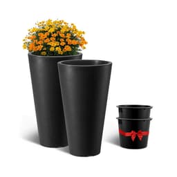 2 db-os magas virágcserép kültéri beltéri növényekhez, 60 cm-es, fekete, kerek, nagyméretű virágcserép tornácra, teraszra, magas, kúpos virágcserepek modern dizájnnal és beépített vízelvezetővel - miniatúra 2