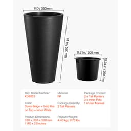 2 db-os magas virágcserép kültéri beltéri növényekhez, 60 cm-es, fekete, kerek, nagyméretű virágcserép tornácra, teraszra, magas, kúpos virágcserepek modern dizájnnal és beépített vízelvezetővel - miniatúra 11