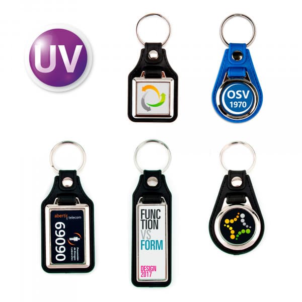 UV Multiplex kulcstartó, fém, műbőr, többféle változatban