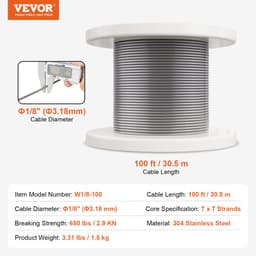 Drótkötélkészlet, 1/8" 100 láb 304 rozsdamentes acélkábel 59 tartozékkal, 650 font szakítószilárdság, 7x7 szál, hajózási, repülőgépipari minőségű, korlátokhoz, lépcsőburkolatokhoz, kültéri kerítésekhez - miniatúra 11