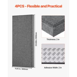 4 db akusztikus panel, 2 hüvelyk vastag, 23,6 x 11,8 hüvelykes üvegszálas hangszigetelő panelek, öntapadós, hangszigetelő fali táblák, stúdiókba, irodákba, házimoziba, tárgyalókba, szürke - miniatúra 10