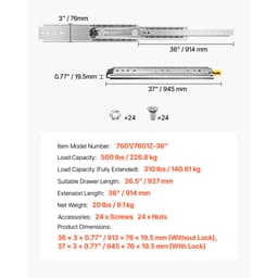 1 pár teljes kihúzású fióksín 16 18 20 24 30 35 37.4 59 24 32 36 40 48 60 hüvelyk, 500 font teherbírás Zárható fióksínek, golyóscsapágy zárral Oldalra szerelhető fióksín - miniatúra 11
