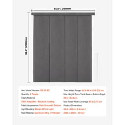 Panel sínes redőnyök, Kihúzható sín 116 cm-től 218 cm szélességig, Levágható panelfüggönyök akár 243 cm magasságig, Függőleges sötétítő panelredőnyök tolóajtókhoz, Teraszajtók, Helyiségelválasztó, Sötétszürke - miniatúra 11