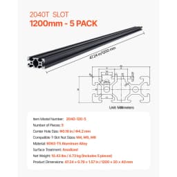 5 db 47,2 hüvelykes (1200 mm) T-hornyú 2040 alumínium extrudált profil, európai szabványú eloxált lineáris sín, nagy szilárdságú extrudált alumínium sín 3D nyomtatóhoz, CNC gép barkácsolás, lézergravírozás, fekete - miniatúra 11