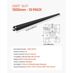 10 db 47,2 hüvelykes (1200 mm) T-horonyú 2020 alumínium extrudált profil, európai szabványú eloxált lineáris sín, nagy szilárdságú extrudált alumínium sín 3D nyomtatóhoz, CNC gép barkácsolás, lézergravírozás, fekete - miniatúra 11