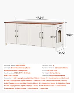Macskaalom-tároló több macskának, 120 cm-es rejtett alomszekrény 4 ajtóval és 2 bejárattal, beltéri macskamosdó, fa cicaházikó bútor, a legtöbb alomhoz illik, barna és fehér - miniatúra 10