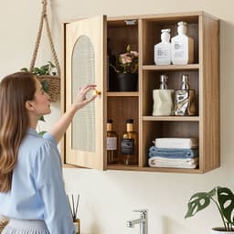 Fürdőszobai fali szekrény, ajtóval és állítható polccal, 5 magassági szinttel, WC feletti tárolós gyógyszeres szekrény, falra szerelhető, függő rendszerező polcokkal, mosókonyhába, konyhába, fürdőszobába - miniatúra 8