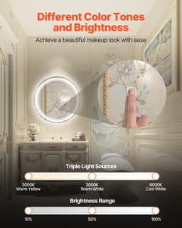 LED fürdőszobai tükör, 60 cm-es LED-es fürdőszobai kerek piperetükör elöl- és hátulvilágítással, páramentesítő memóriatükör világítással, fokozatmentes 3 színű, hőmérséklet-szabályozható fürdőszobai tükör, falra szerelhető - miniatúra 14