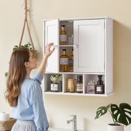 Fürdőszobai fali szekrény, 2 ajtóval és állítható polccal, WC fölé, falra szerelhető gyógyszeres szekrény, függő szervező polcokkal és nyitott válaszfallal, mosókonyhába, konyhába, fürdőszobába, fehér - miniatúra 6