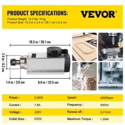 Léghűtéses orsómotor 2,2 kW CNC orsómotor 220 V Négyzet alakú léghűtéses orsómotor ER20 befogóhüvely 24000 RPM CNC orsó 6A orsómotor 400 Hz CNC routerhez, gravírozó marógéphez - miniatúra 11