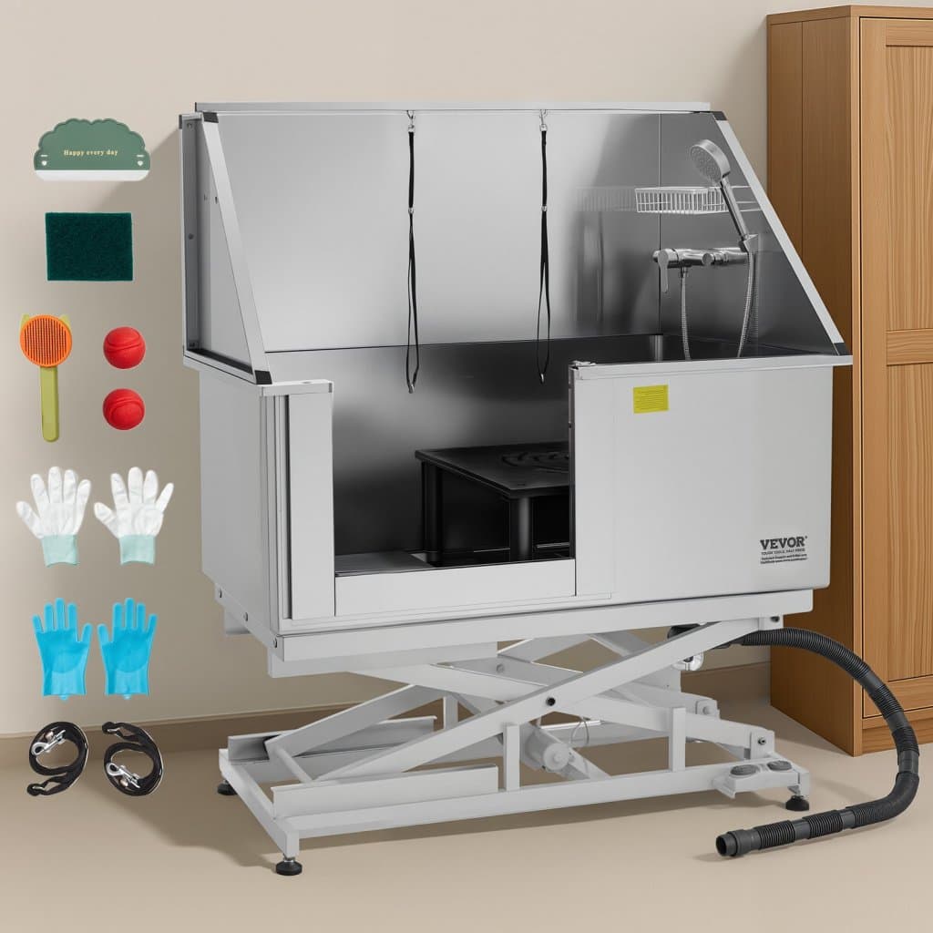 127 cm-es elektromos kutyakozmetikai kád rozsdamentes acélból, bal oldalon vízszűrővel