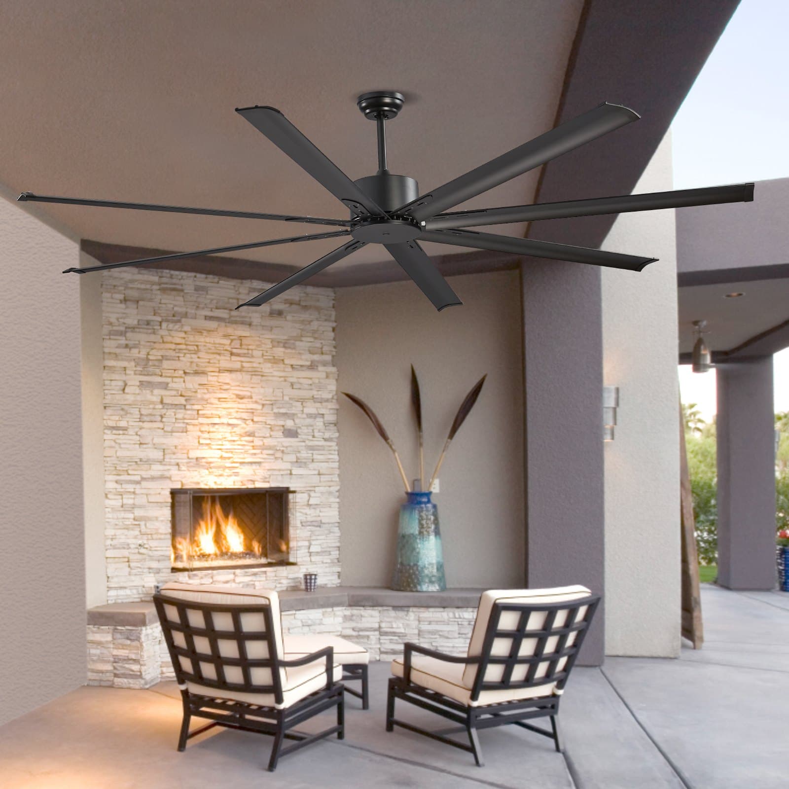 213 cm-es mennyezeti ventilátor világítás nélkül, 6 sebességes távirányítóval, alumínium 8 lapáttal, megfordítható egyenáramú motorral, modern, alacsony profilú, süllyesztett kültéri ventilátor hálószobába, nappaliba, teraszra, beltérre/kültérre, fekete