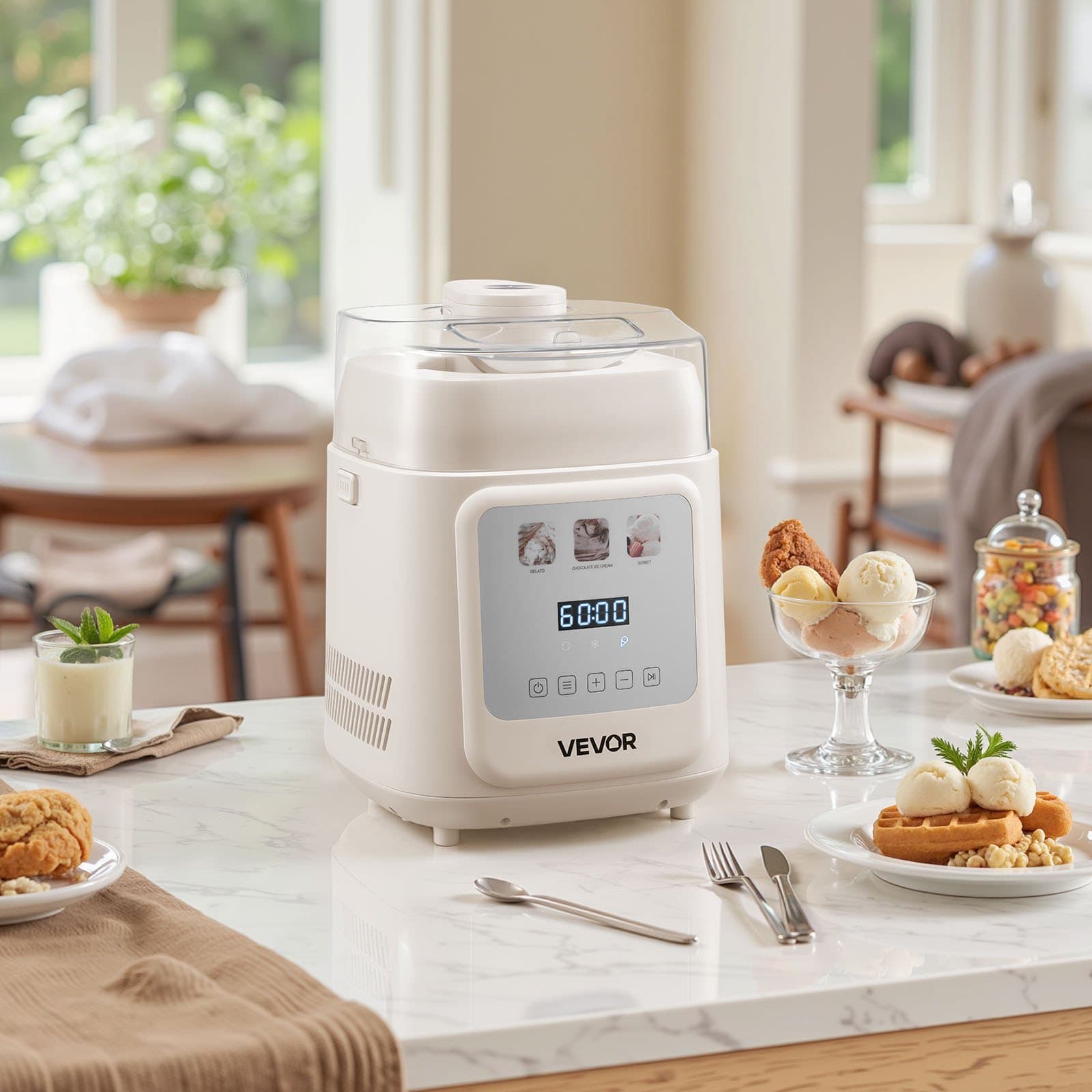 Álló automata fagylaltkészítő beépített kompresszorral, 1 literes előfagyasztás nélküli fagylaltkészítő és fagyasztott joghurtkészítő, 4 üzemmódú elektromos sorbetkészítő, kompresszoros fagylaltgép otthonra