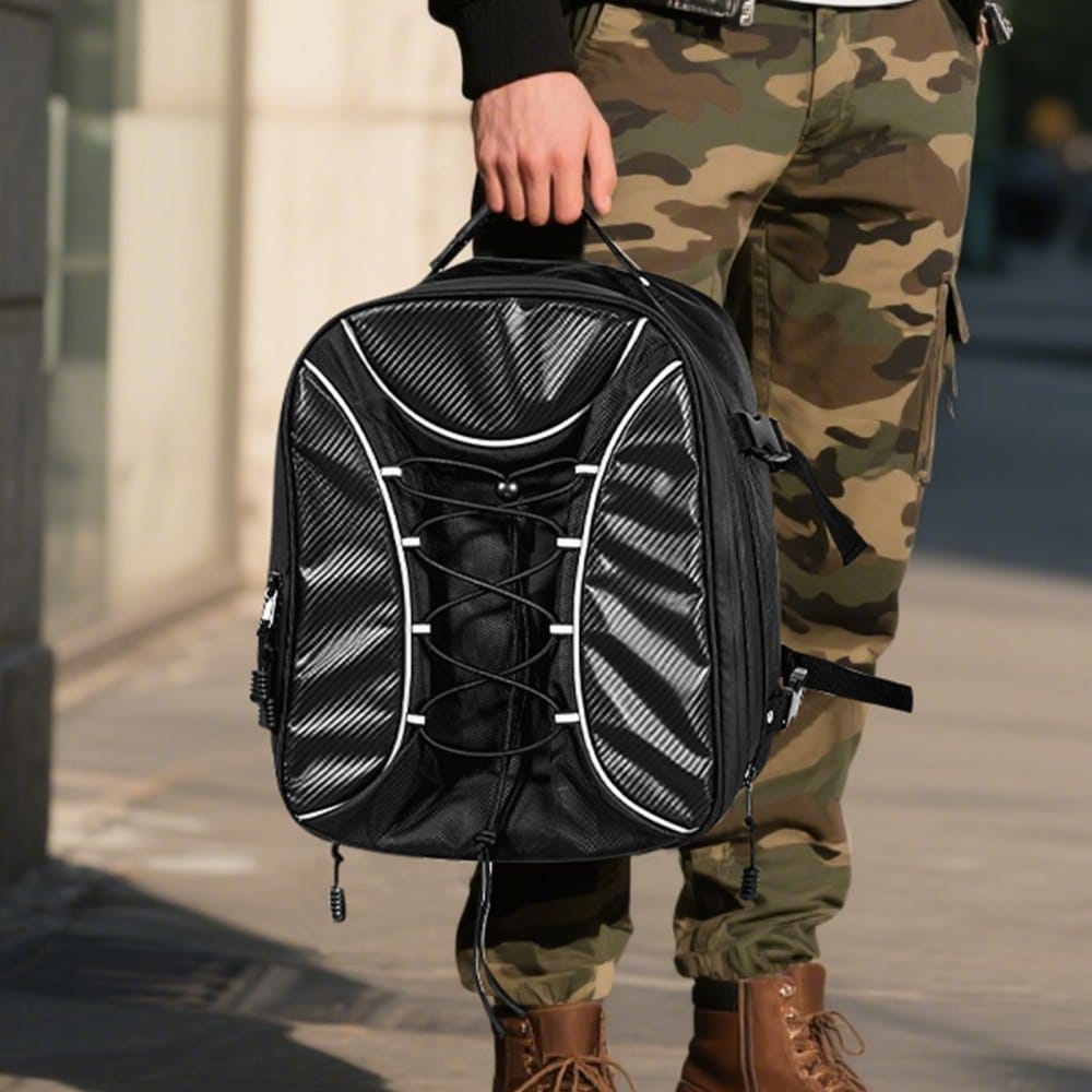 Motorkerékpár hátsó táska, 22-34 L bővíthető motorkerékpár hátsó üléstáska vízálló esővédővel, kültéri sport motorkerékpár poggyásztároló hátizsák kézitáska pántokkal, zsebbel és rugalmas zsinórral, fekete